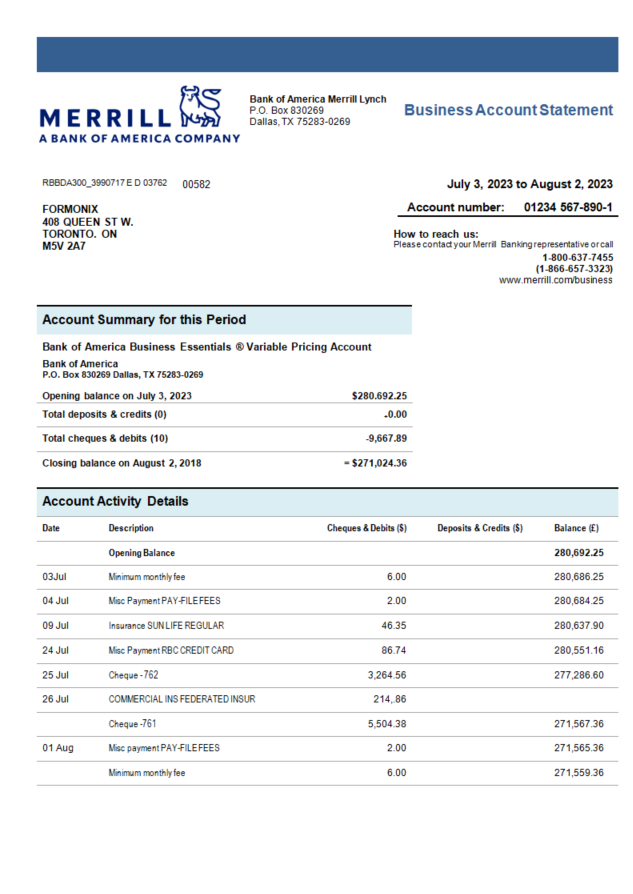 Modèle Word et PDF de relevé de compte de l'organisation Merrill Bank